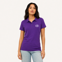 Load image into Gallery viewer, Personalized Womens' polo with custom name print in purple