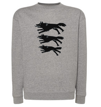 Load image into Gallery viewer, Grey sweatshirt with three wolf logo