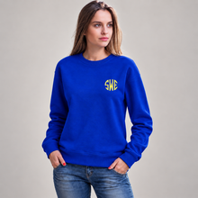 Load image into Gallery viewer, Personalized royal blue unisex sweatshirt with yellow SWE monogram