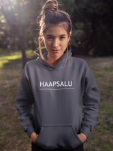 Load image into Gallery viewer, Dark grey hoodie with wavy logo