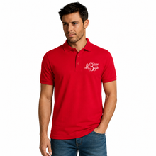 Load image into Gallery viewer, Personalized Mens' polo with custom name print in red
