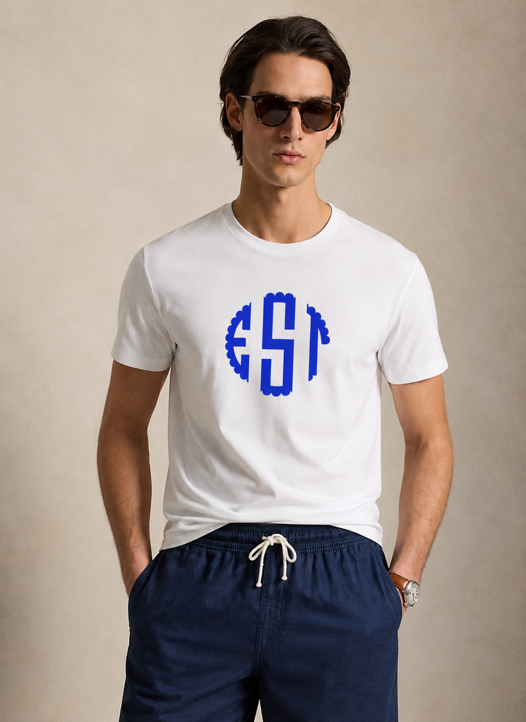 White T-shirt – Blue Monogram